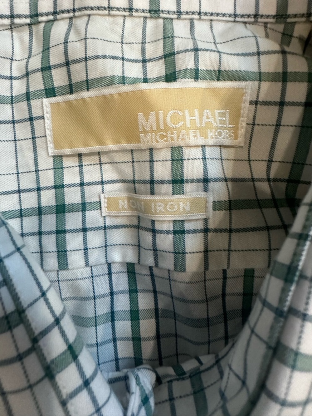 Michael Kors White Dress Shirt with Green & Navy Windowpane Check